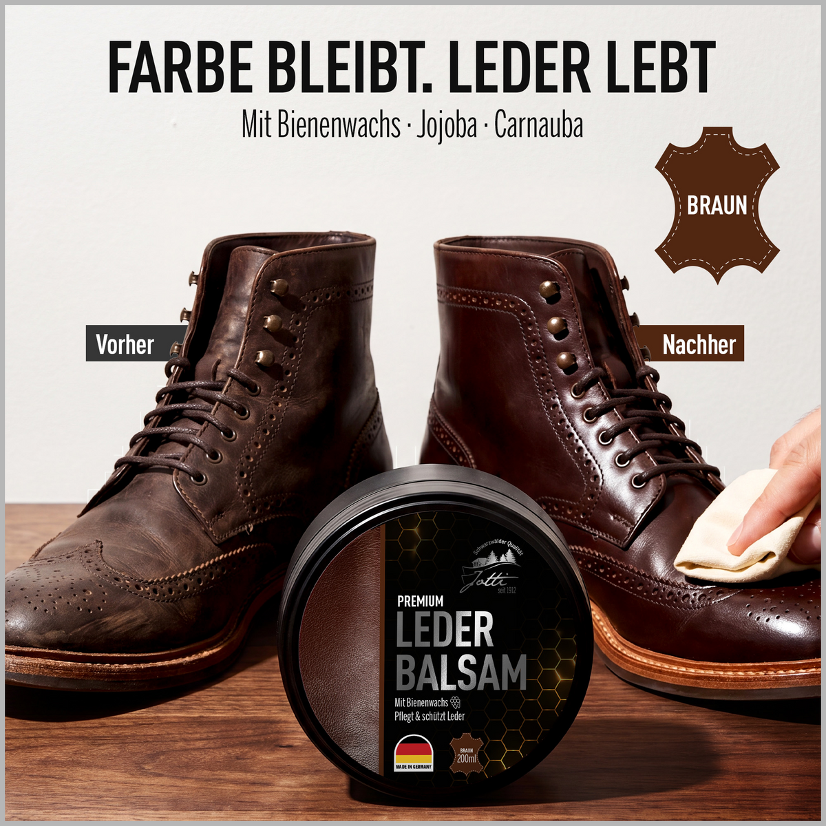 Vorher-Nachher: brauner Lederstiefel mit Jotti Lederbalsam aufgefrischt