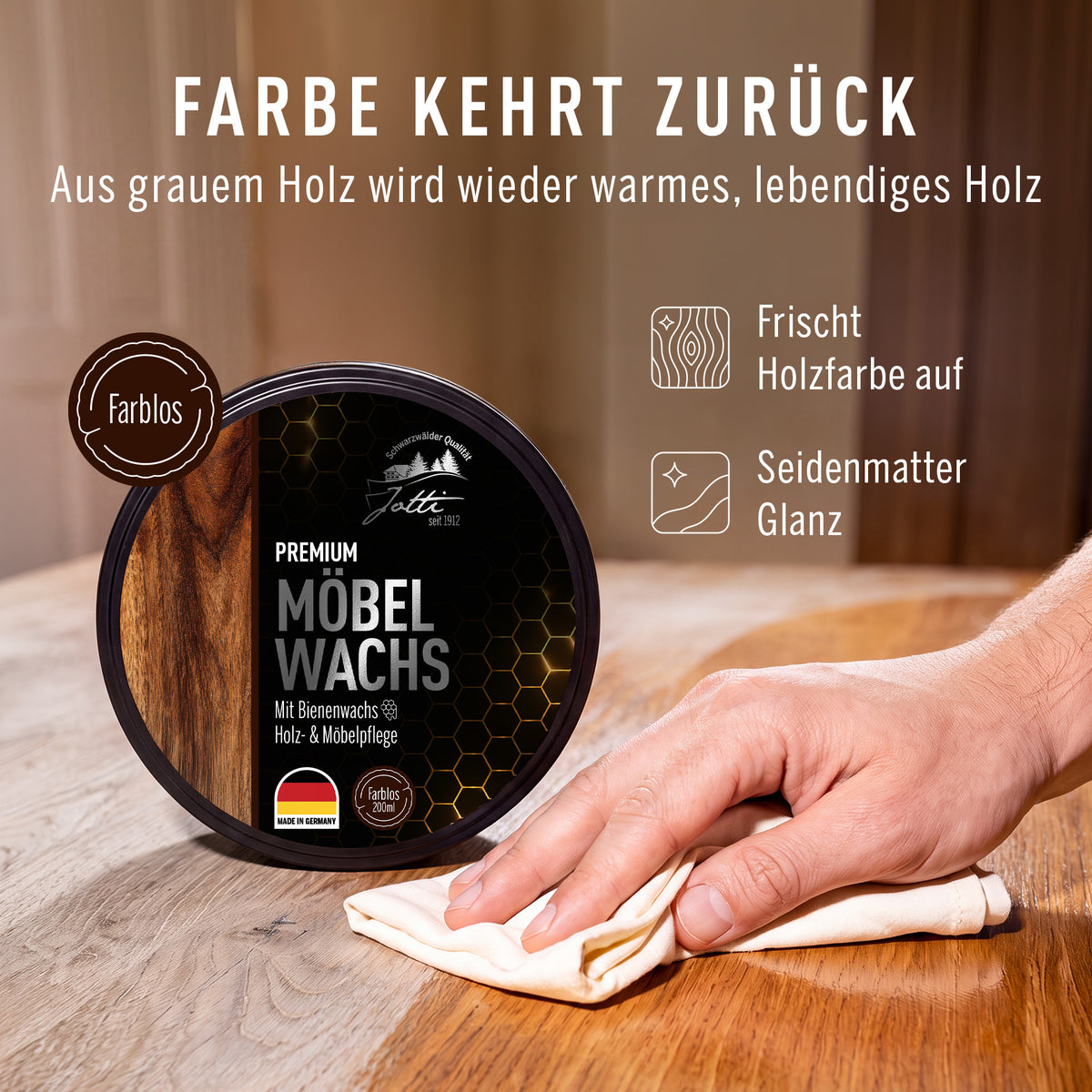 Möbelwachs bringt Farbe zurück: graues Holz wird wieder warm und lebendig