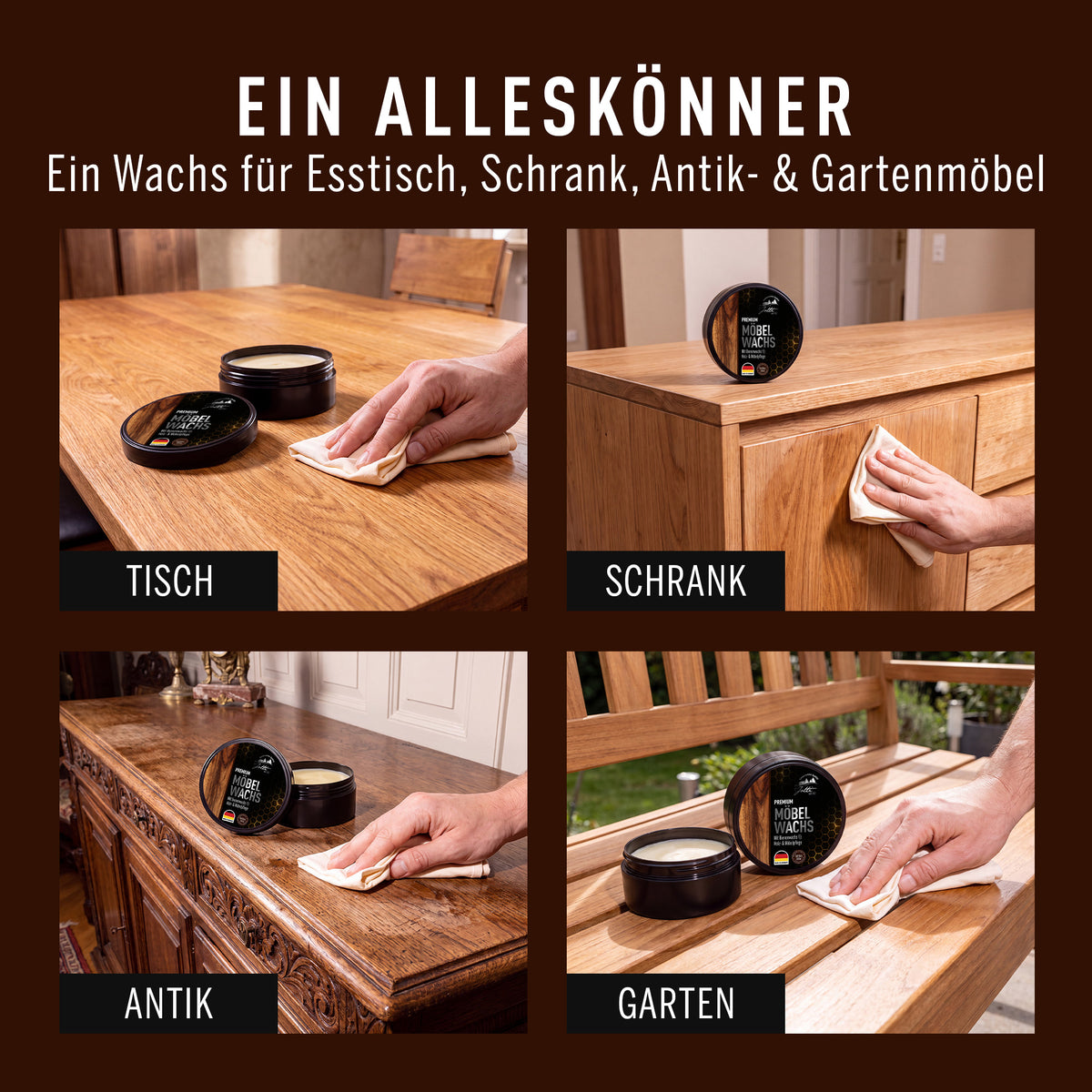 Ein Möbelwachs für Esstisch, Schrank, Antik- und Gartenmöbel