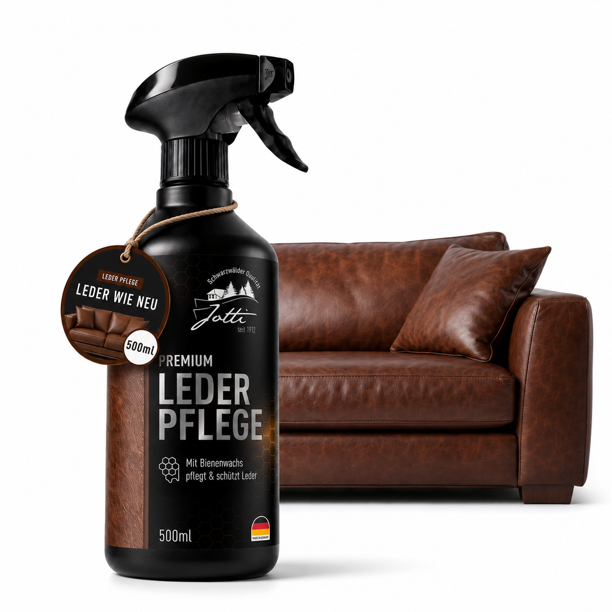 Jotti Premium Lederpflege 500 ml Sprühflasche vor brauner Ledercouch