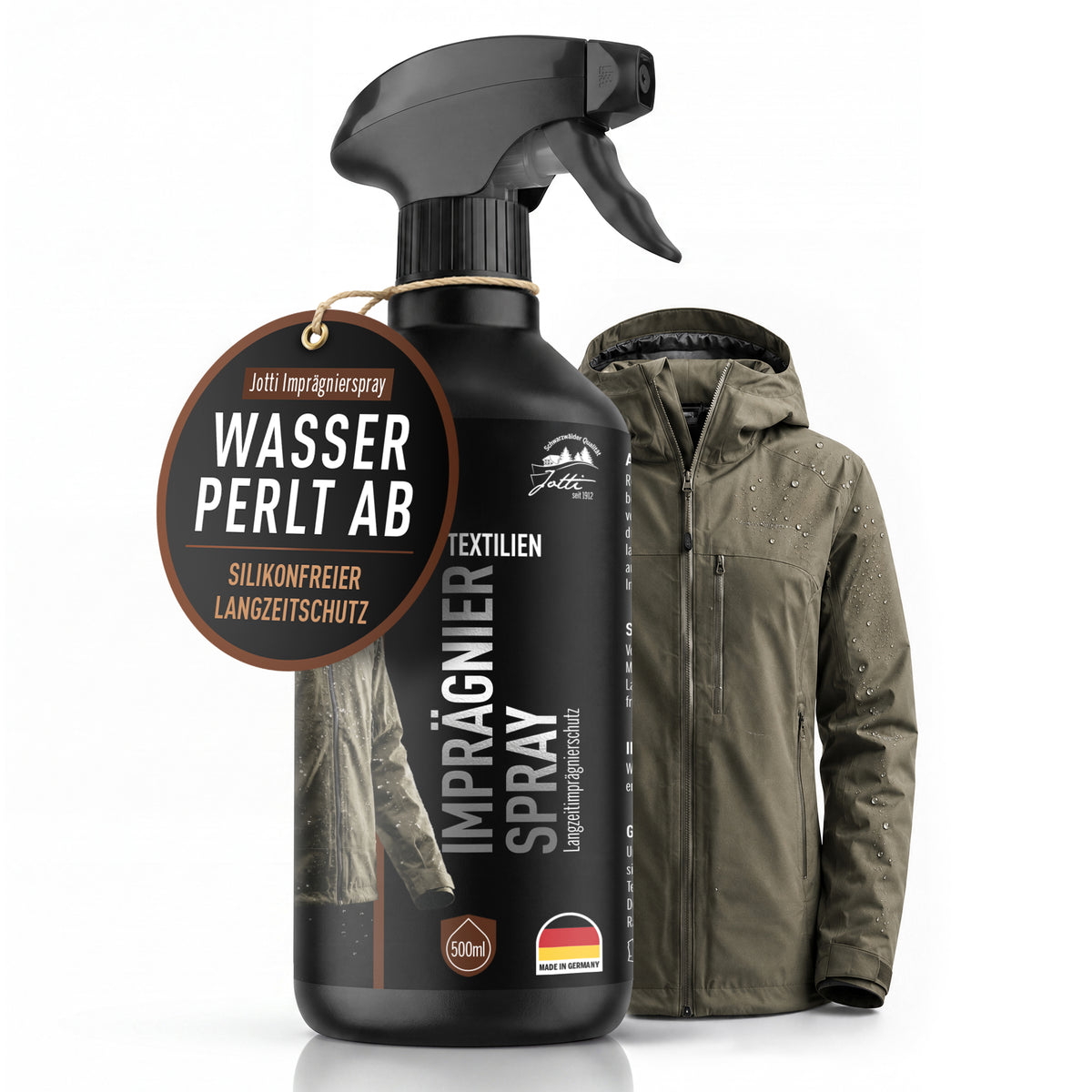 Jotti Imprägnierspray Textilien 500 ml neben olivgrüner Outdoorjacke