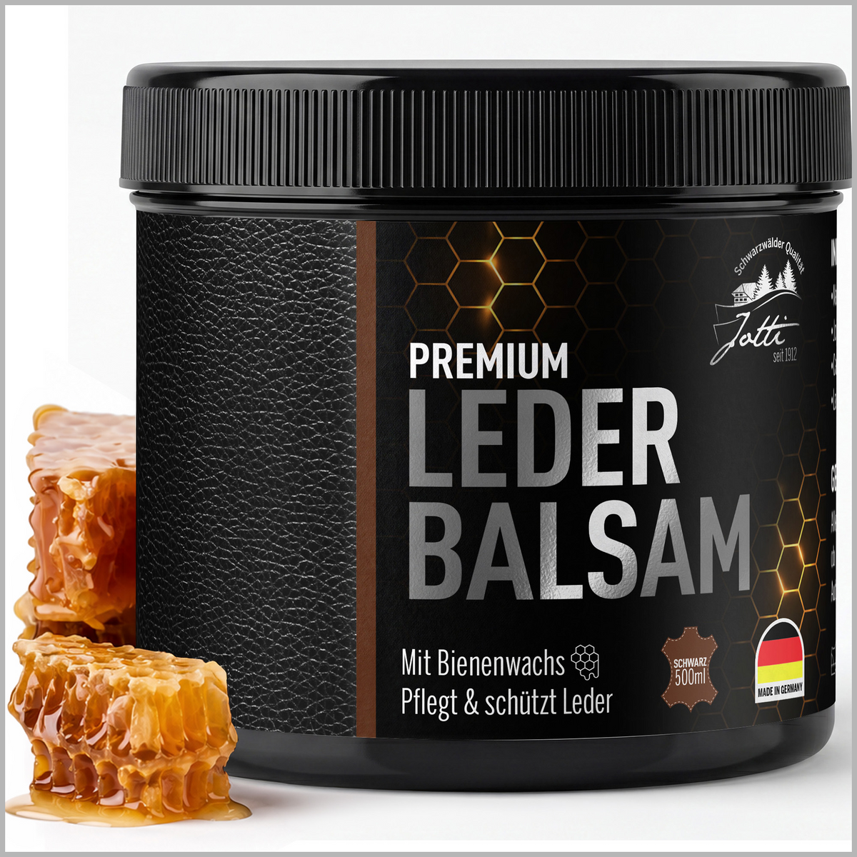 Geöffnete Jotti Lederbalsam Dose mit Lederprobe