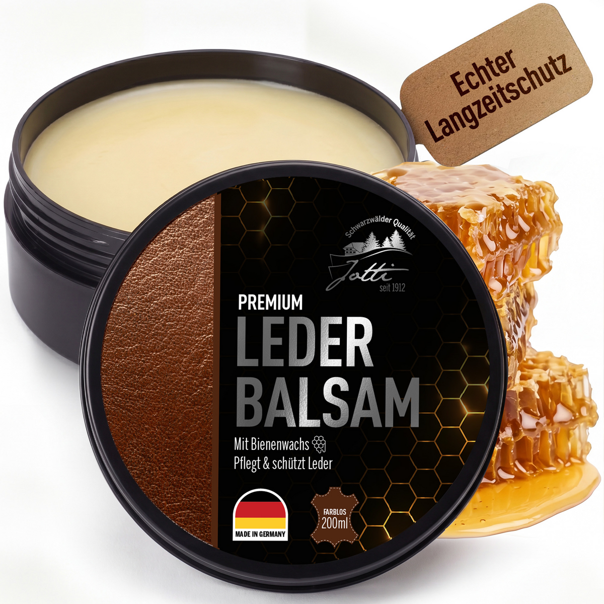 Jotti Lederbalsam Dose mit Bienenwachs und Honigwabe