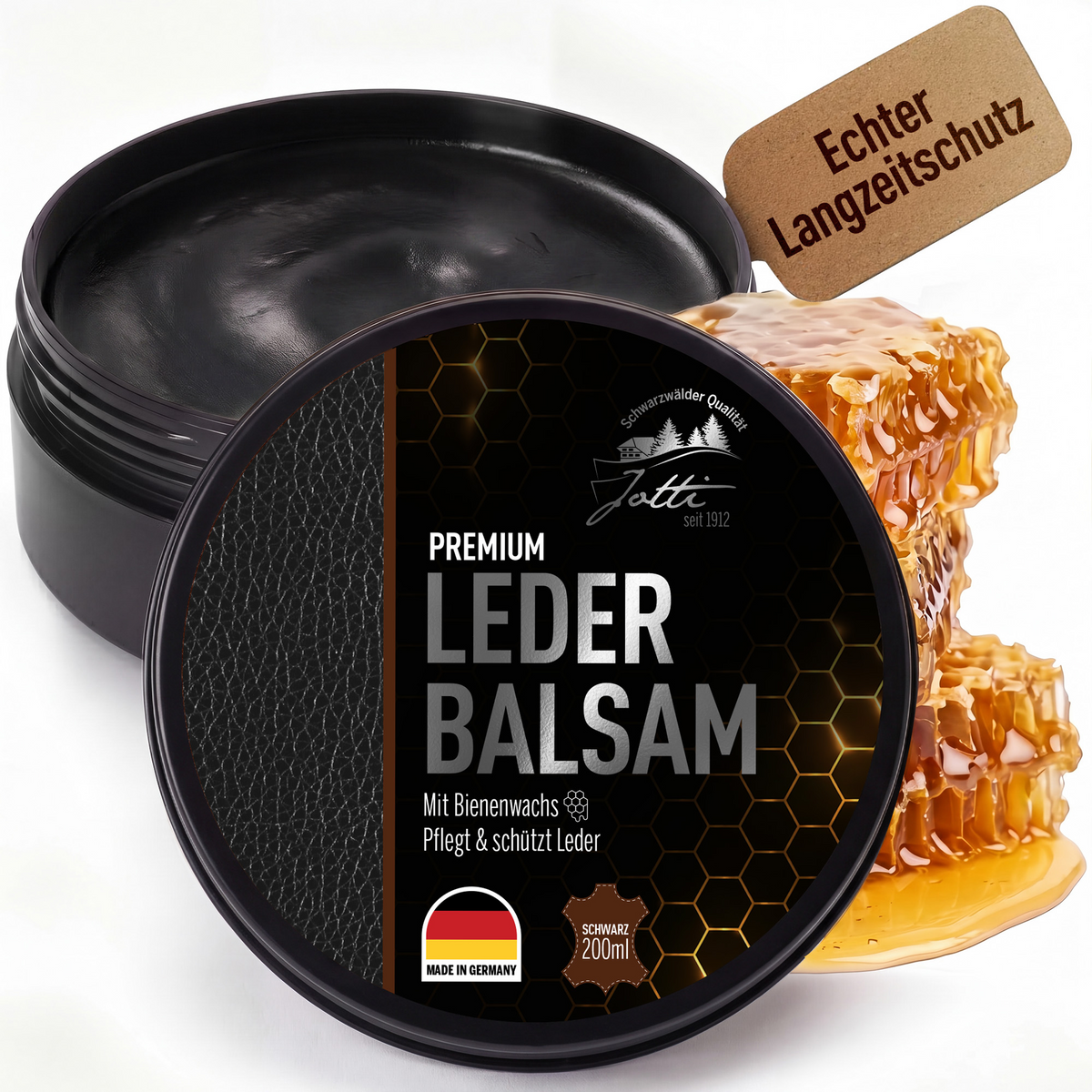 Jotti Lederbalsam mit Bienenwachs – Produktdose in Nahaufnahme