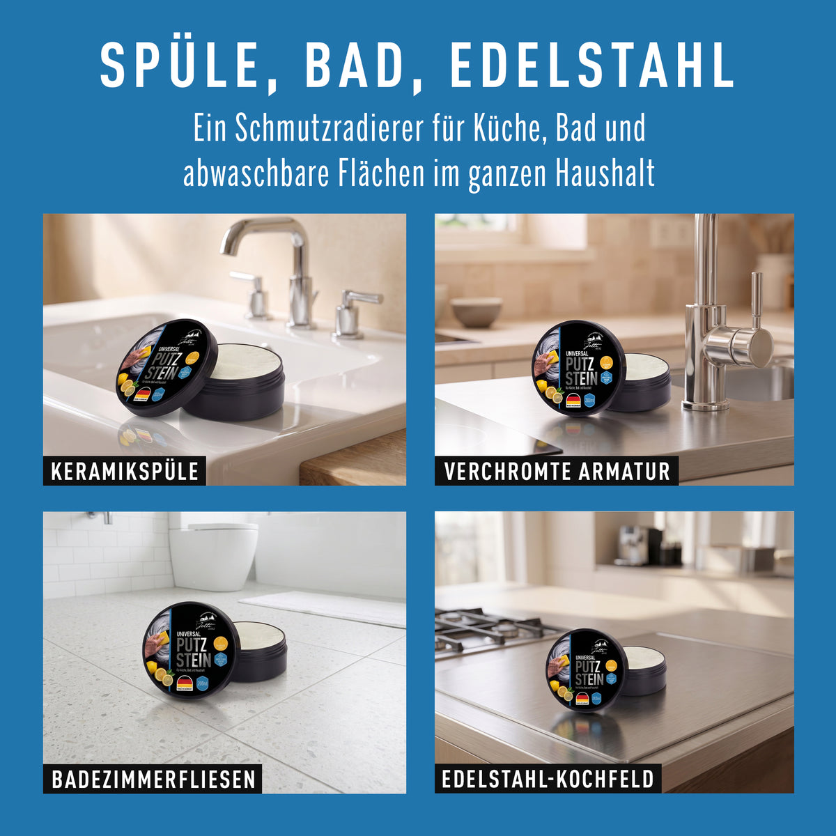 Putzstein für Keramikspüle, Armatur, Badfliesen und Edelstahl-Kochfeld