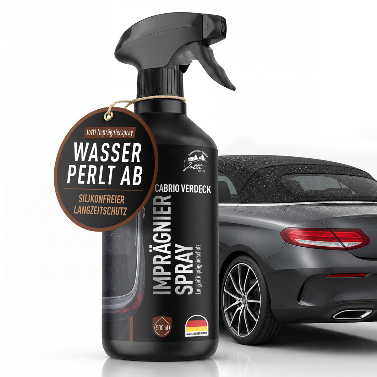 Jotti Imprägnierspray Cabrio-Verdeck 500 ml vor grauem Cabrio