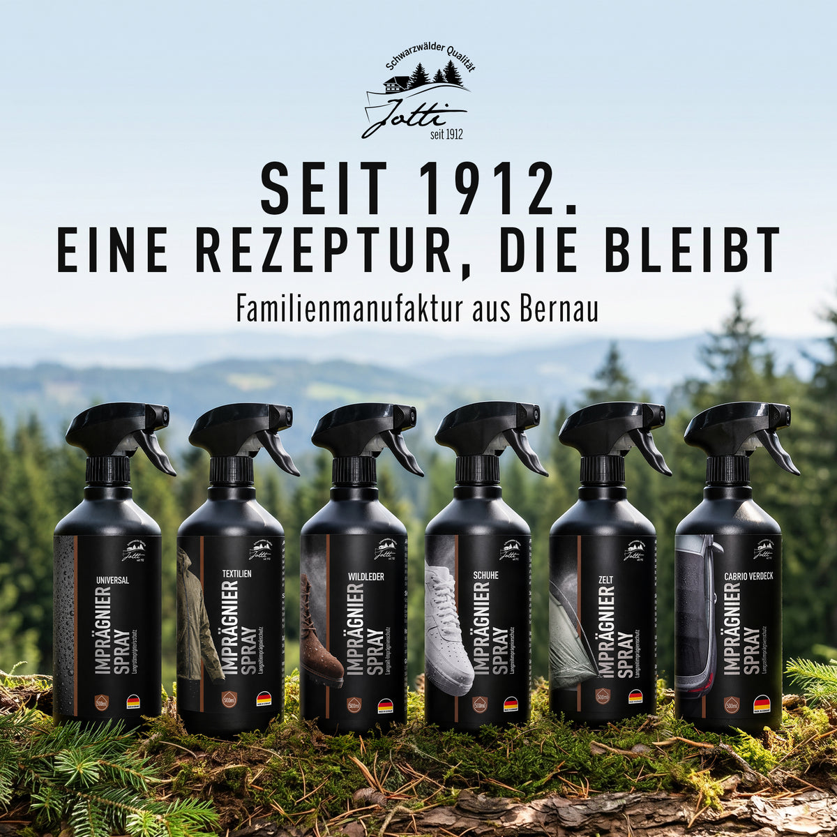 Alle fünf Jotti Imprägnierspray-Varianten – Familienmanufaktur seit 1912