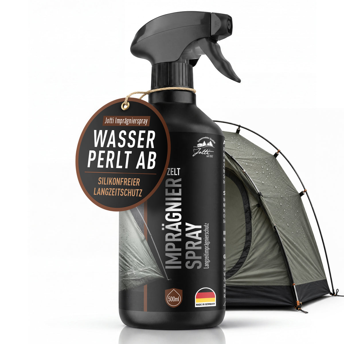 Jotti Imprägnierspray Zelt 500 ml vor grünem Kuppelzelt