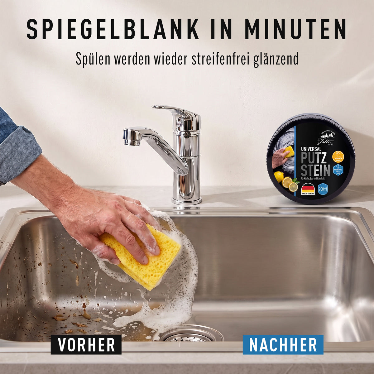 Jotti Putzstein Dose geöffnet mit Reinigungsschwamm