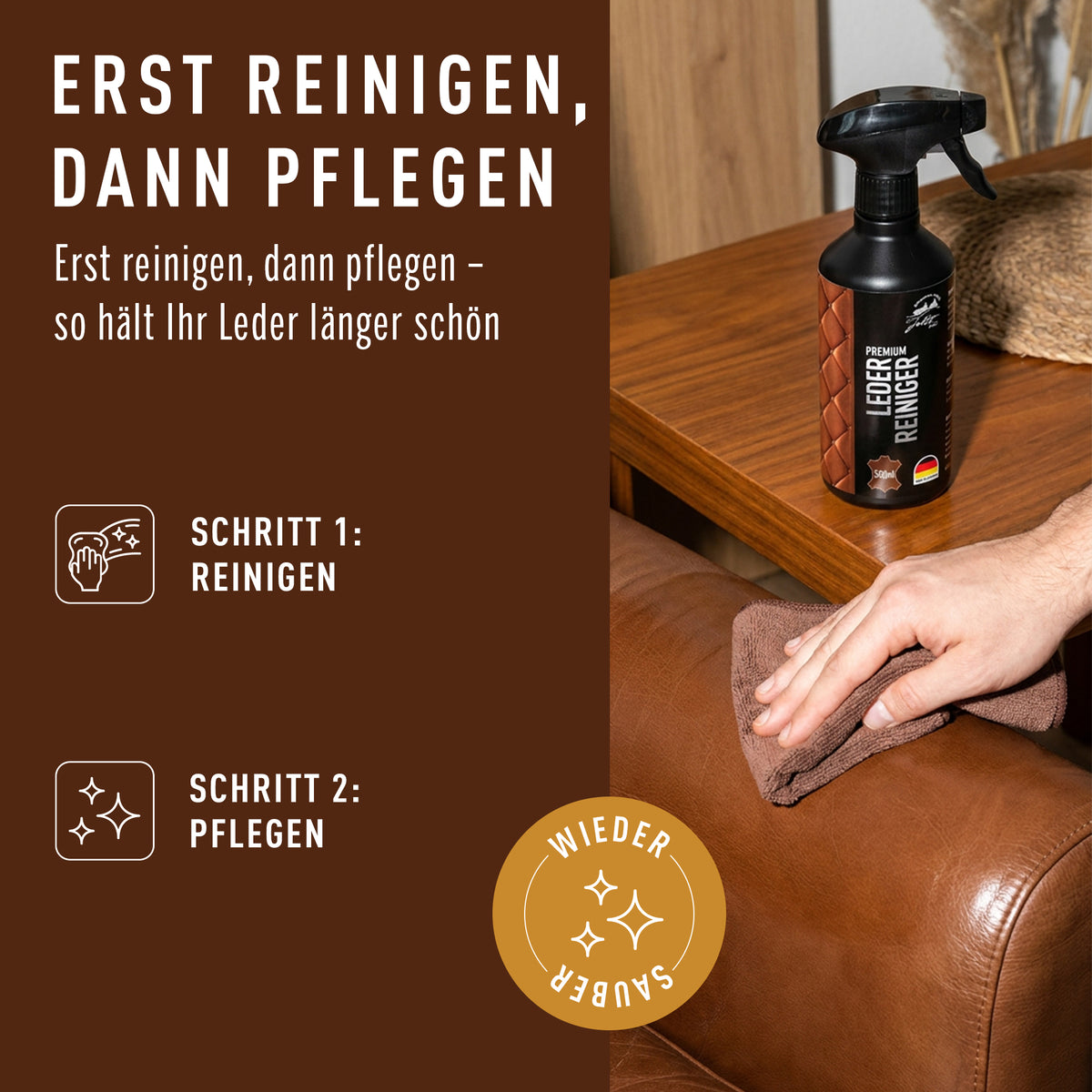 Erst reinigen, dann pflegen: Lederreiniger auf einem Ledersofa anwenden