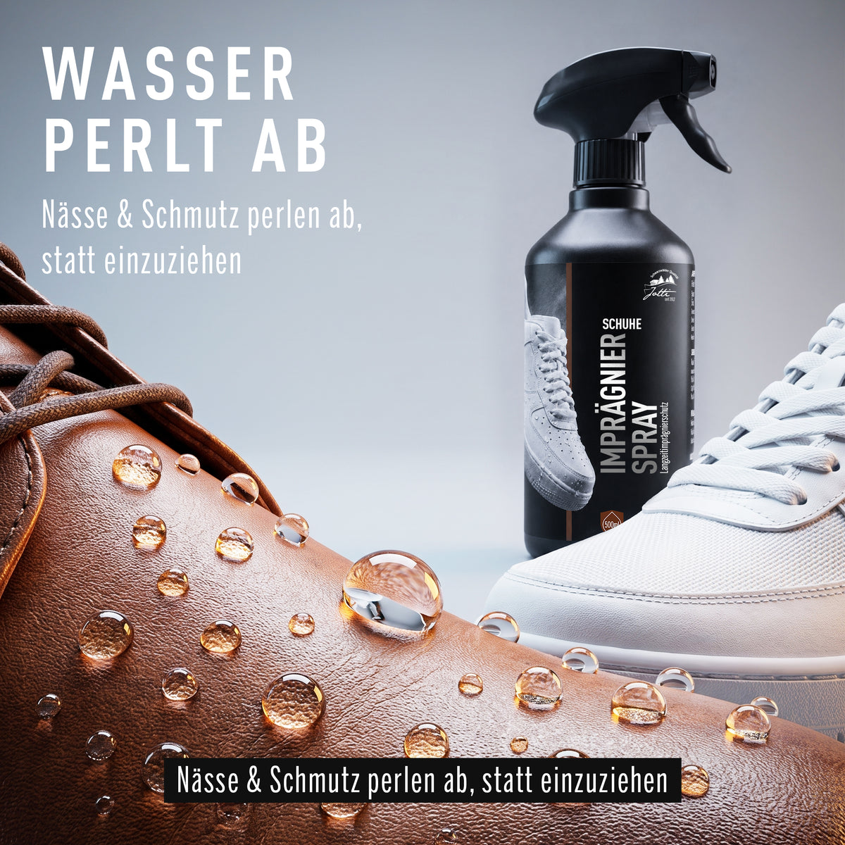 Wassertropfen perlen von einem imprägnierten braunen Lederschuh ab