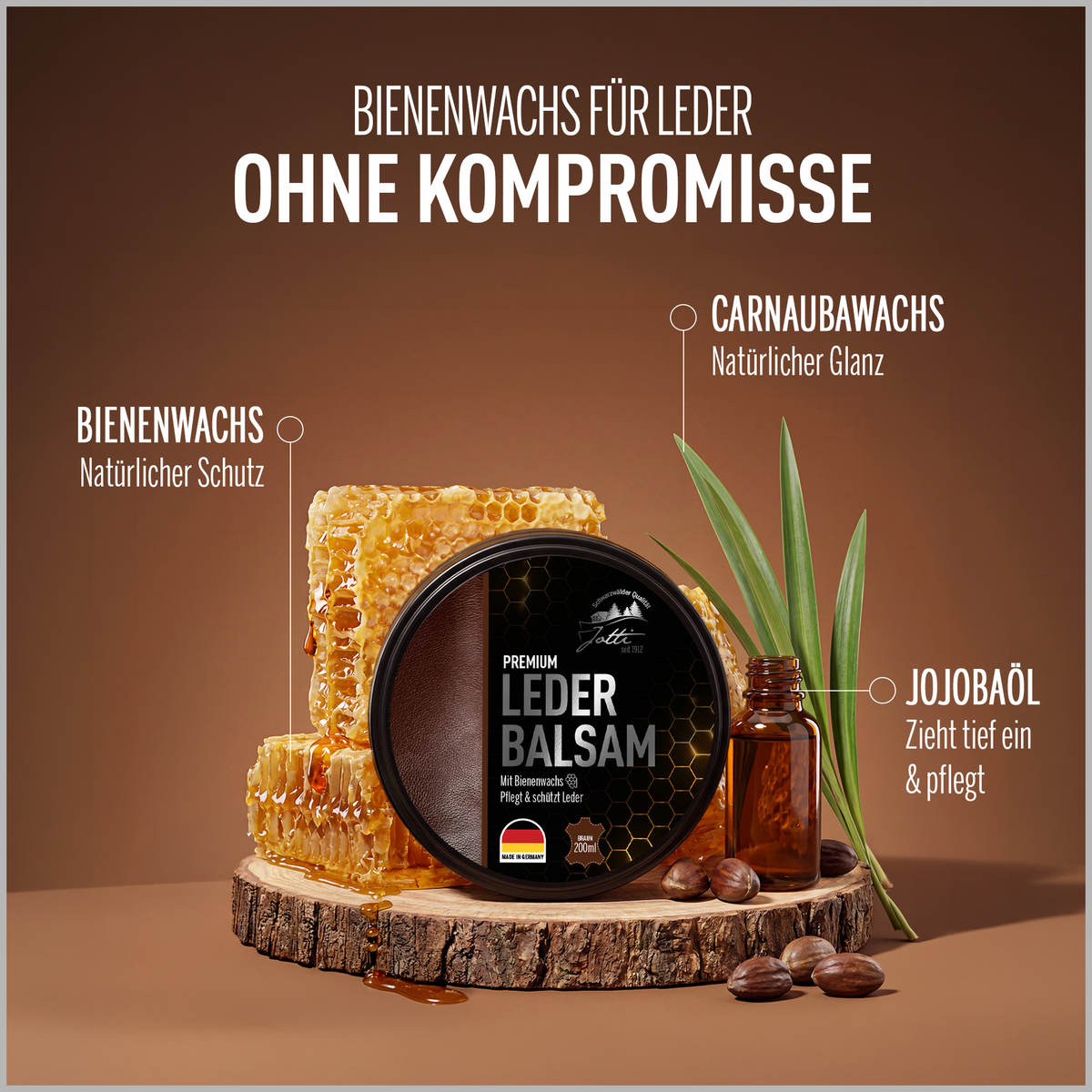 Bienenwachs, Carnaubawachs und Jojobaöl im Jotti Lederbalsam