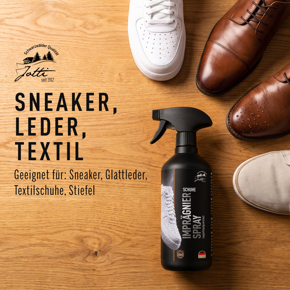 Imprägnierspray für Sneaker, Lederschuhe und Textilschuhe auf Holzboden