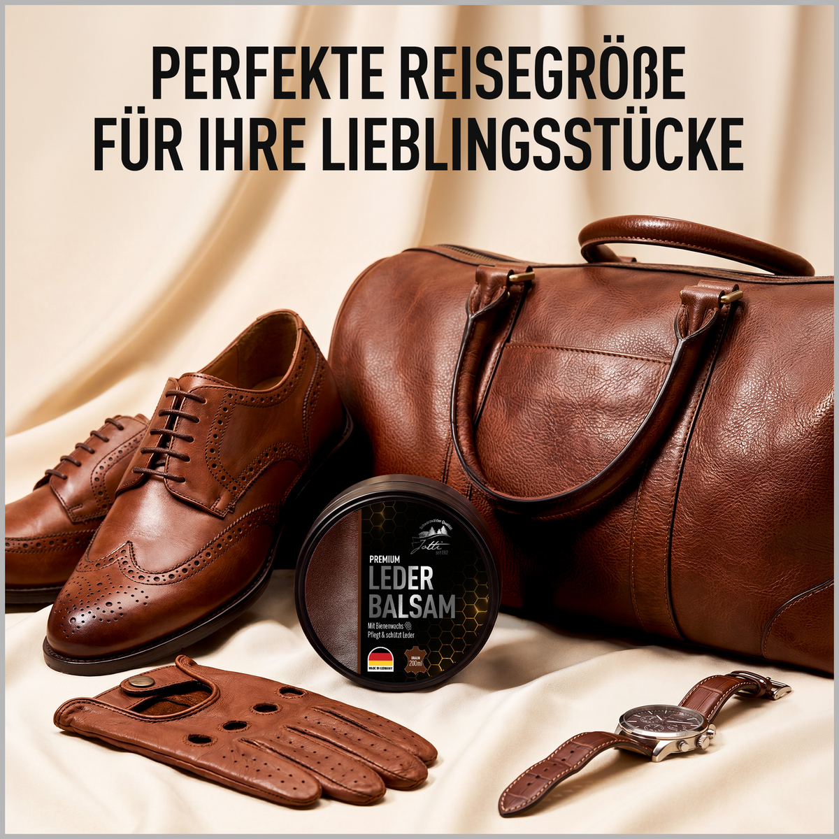 Lederbalsam 200 ml neben Ledertasche, Lederschuhen und Handschuhen