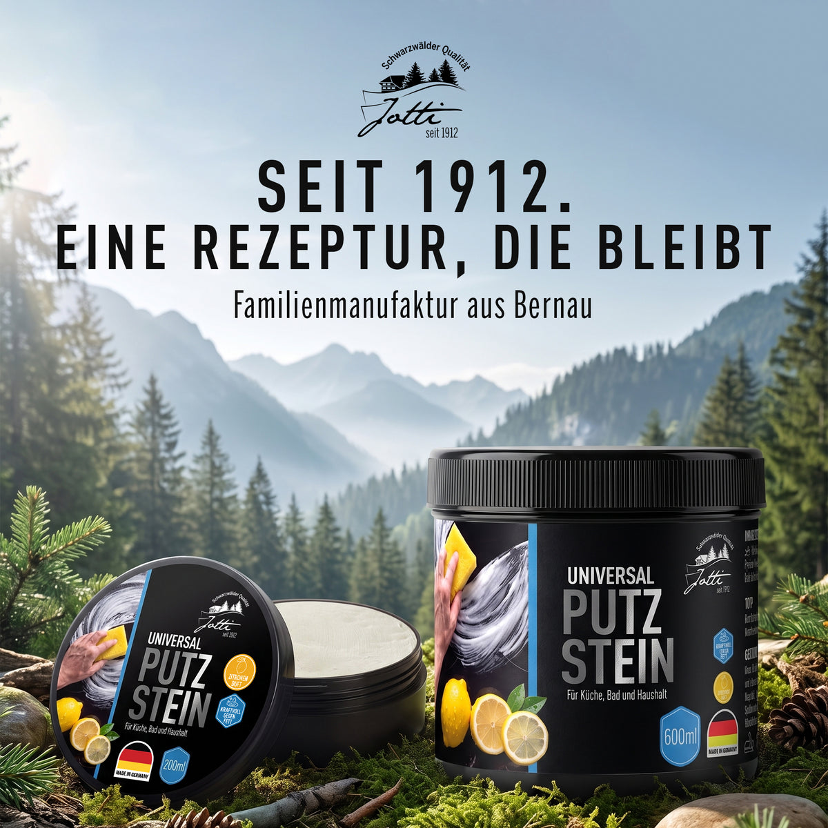 Jotti Universal Putzstein vor Schwarzwaldkulisse – Rezeptur seit 1912