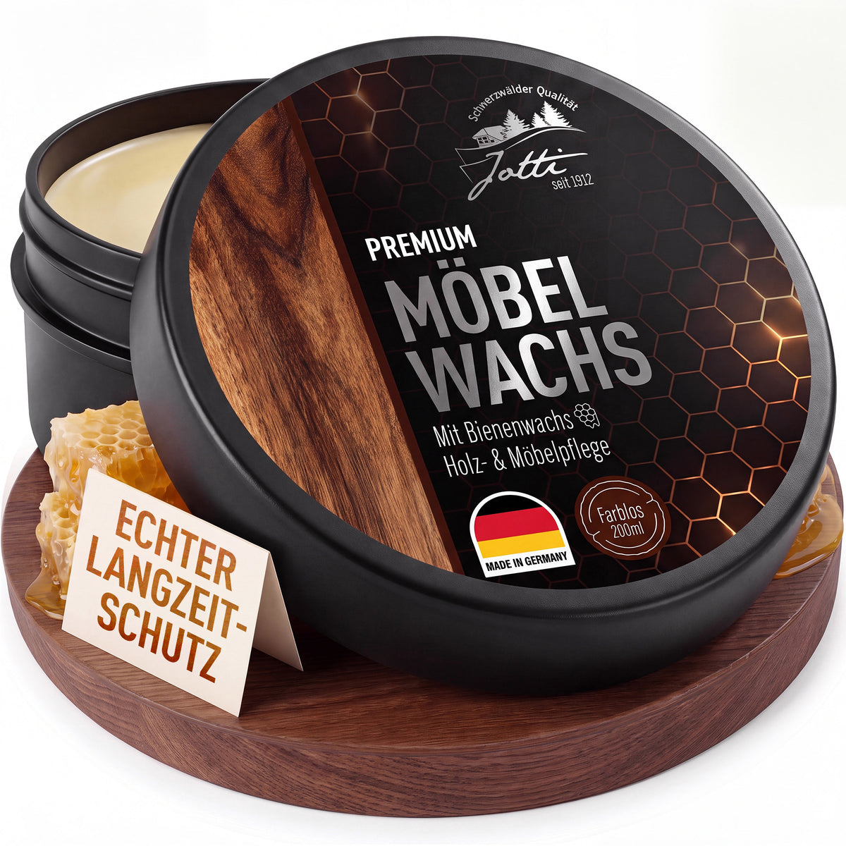 Jotti Möbelwachs farblos 200 ml Dose mit Bienenwabe auf Holzteller