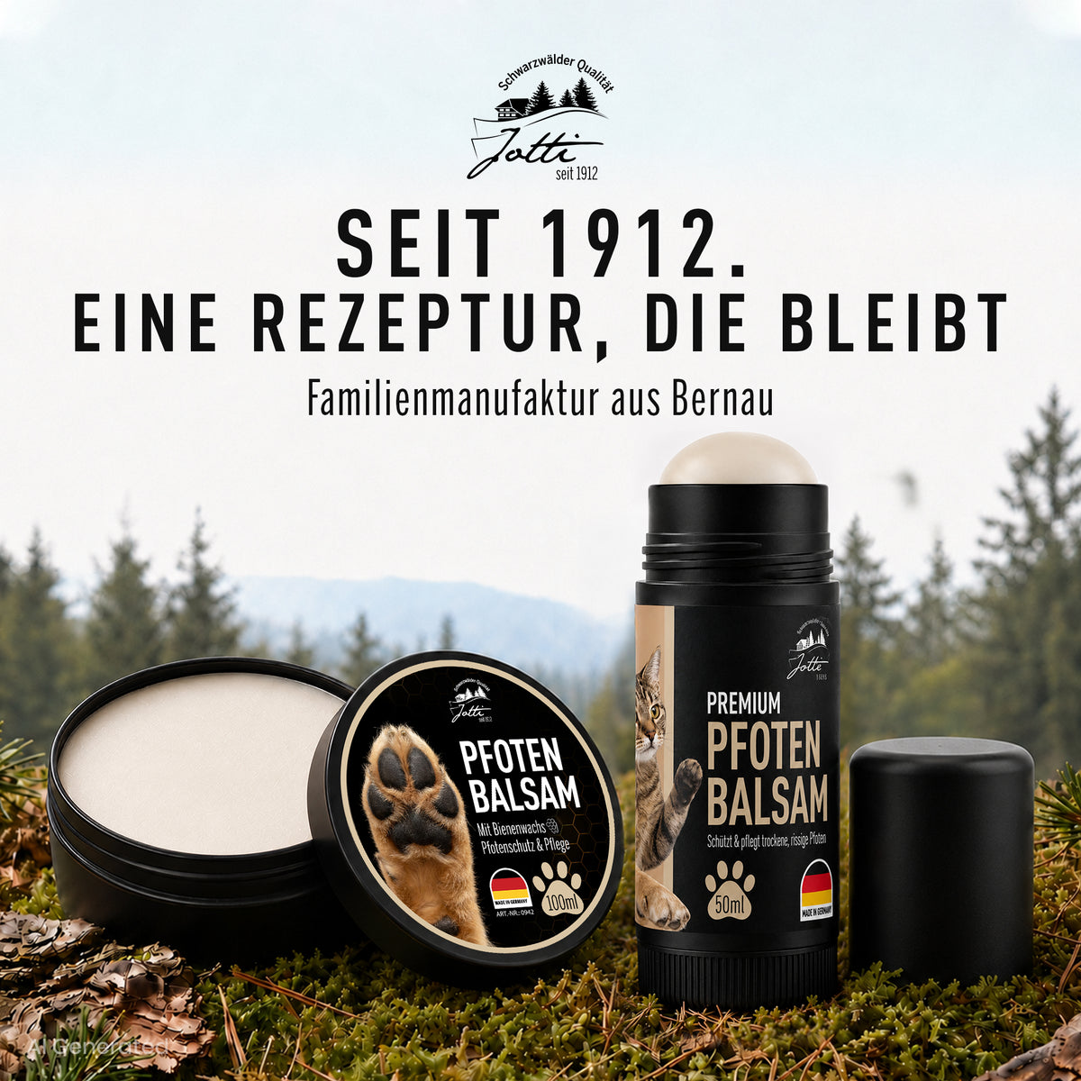 Jotti Pfotenbalsam Stift und Dose vor Schwarzwaldkulisse – seit 1912