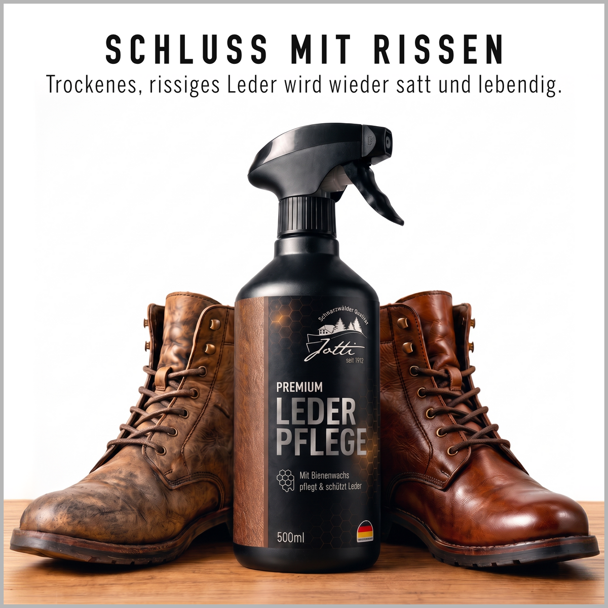Trockenes, rissiges Leder: braune Lederstiefel neben Jotti Lederpflege