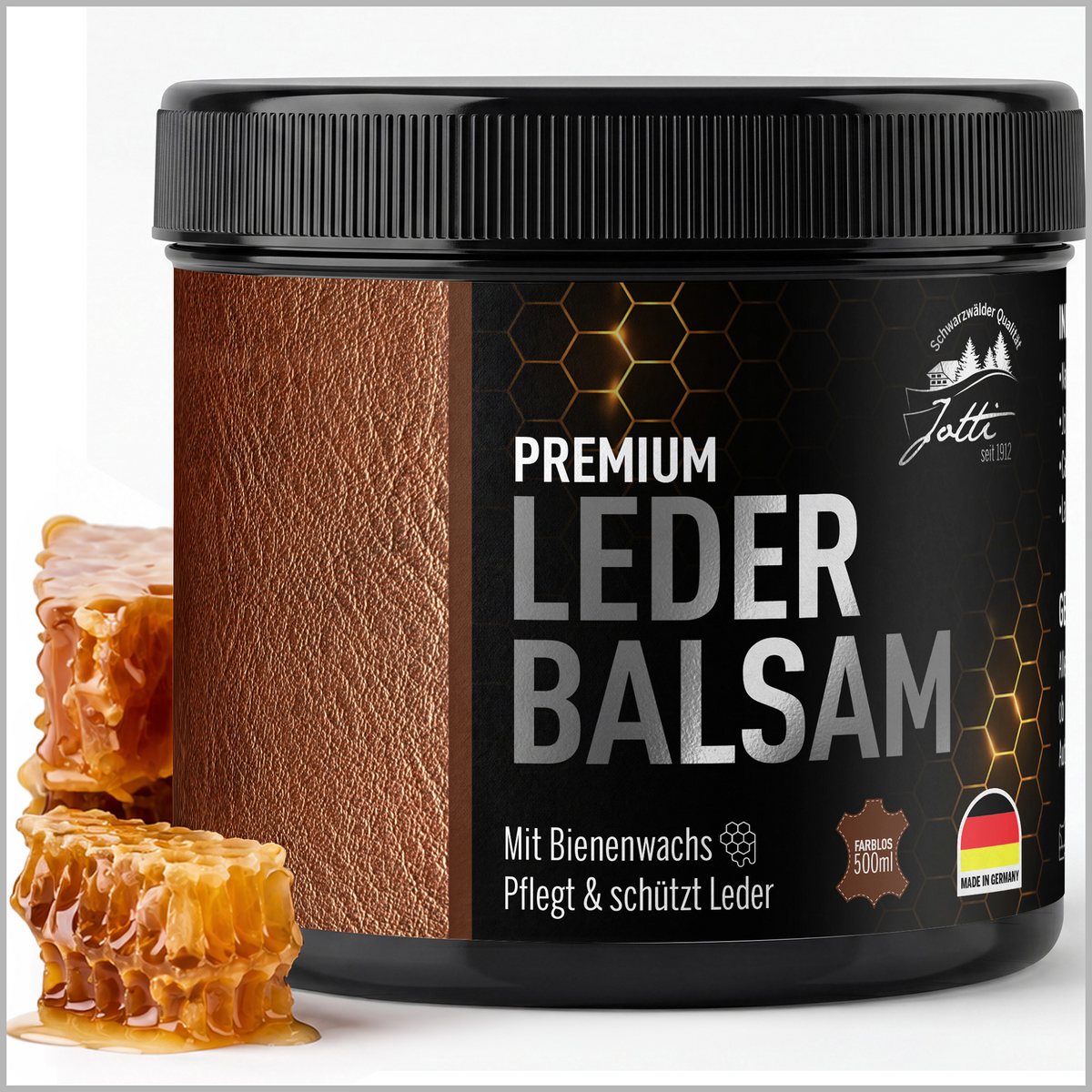 Jotti Lederbalsam – Produktaufnahme der Dose mit Bienenwachs
