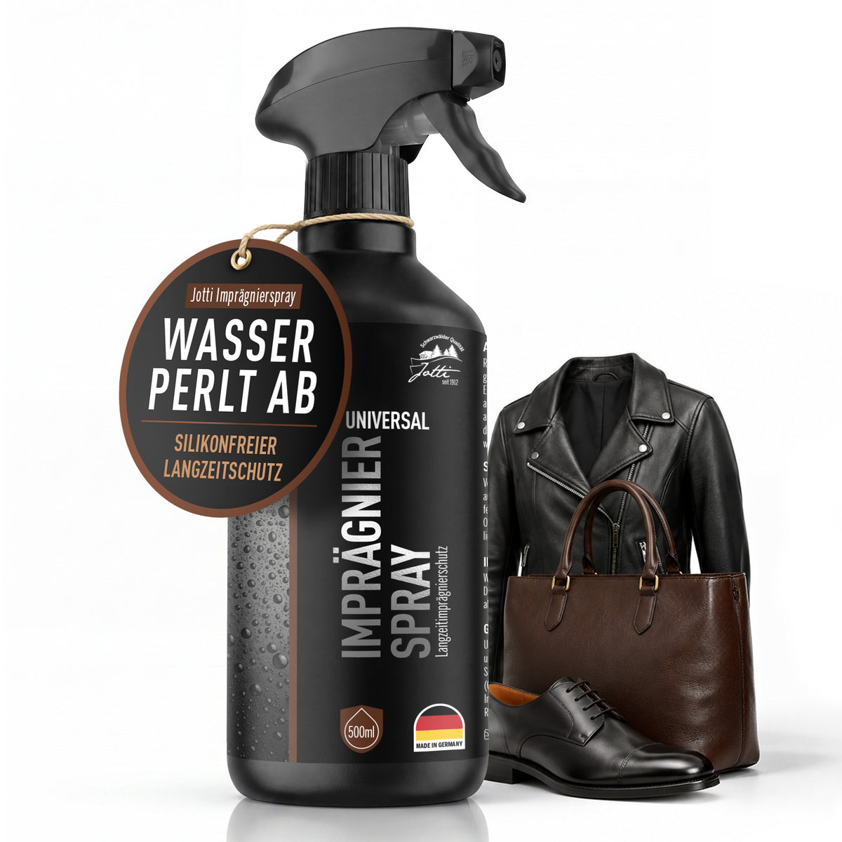 Jotti Imprägnierspray Universal 500 ml mit Lederjacke, Tasche und Schuhen