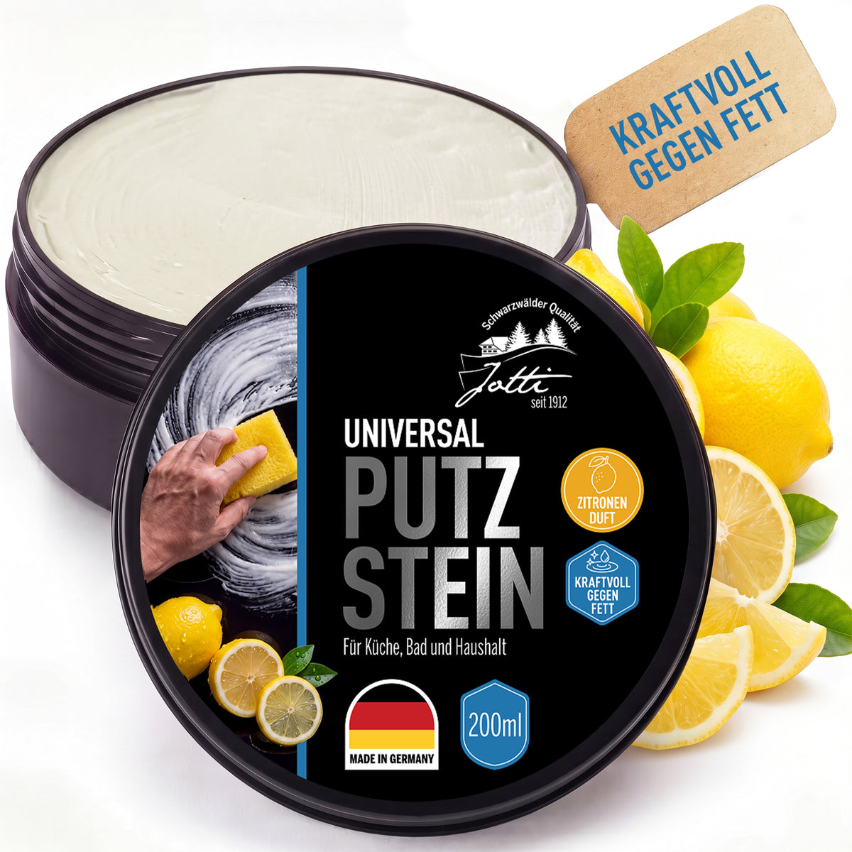 Jotti Universal Putzstein 200 ml Dose mit Schwamm und Zitronen