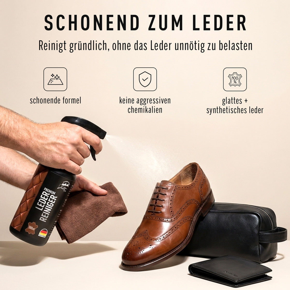 Schonende Formel ohne aggressive Chemie – Lederreiniger wird aufgesprüht