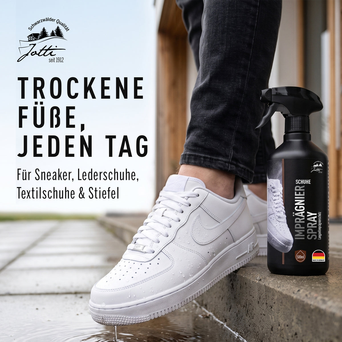 Imprägnierspray wird auf weiße Sneaker gesprüht – trockene Füße im Alltag