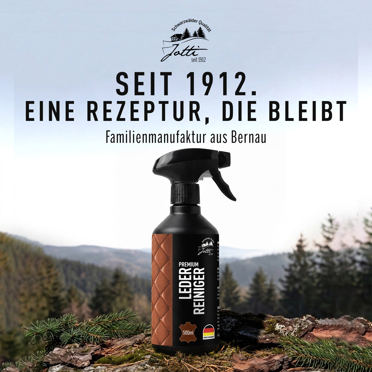 Jotti Lederreiniger vor Schwarzwaldkulisse – Rezeptur seit 1912
